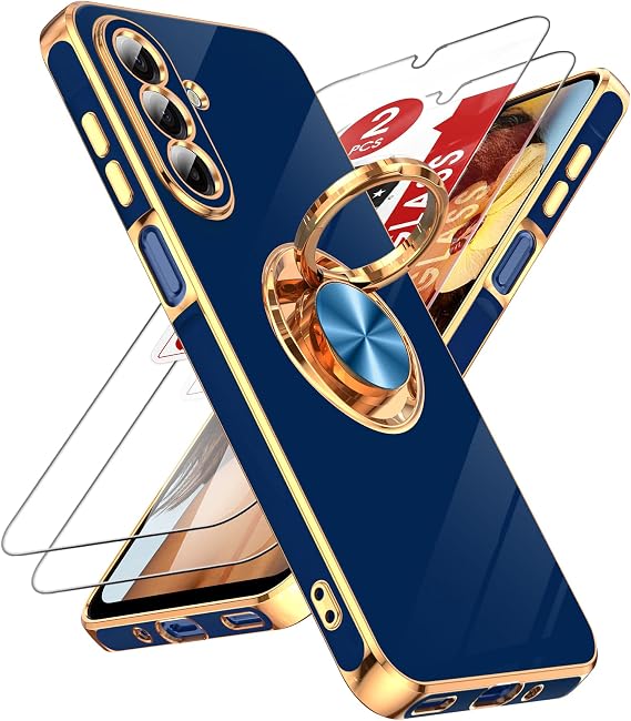 LeYi for Samsung A17 5G Case: with 2 Pack Tempered Glass Screen Protector and 360 Rotatable Ring Holder Magnetic Kickstand, Plating Rose Gold Edge Protective for Samsung A17 5G Case, Blue