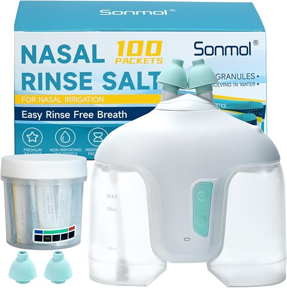 Sonmol Nasal Irrigation System Bundle: Nose Cleaner, 50 Salt Packets and 100 Saline Packets