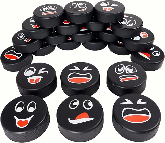 24 Pcs Foam Ice Hockey Pucks with Emotions Faces & Mesh Bag - Mini Indoor 3" Funny Hockey Pucks for Practice, Training, Birthday Party Favors & Fun Gift Decoration