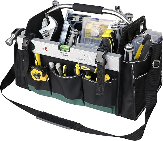 18 Inch Open Top Tool Bag, Tool Bags for Men with 30 Pockets, 1680D Waterproof Fabric, Foldable Electrician Tool Bag with Rotating Handle, Reflective Tool Organizer for Men, Green