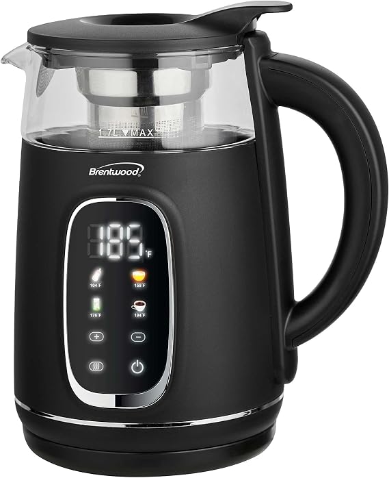 Brentwood 1100W 1.7L BPA Free Cordless Digital Glass Electric Kettle with Tea Infuser, 360 Base, Auto Shut-Off, Keep Warm, Boil Dry Protection, and Temperature Control with 4 Presets (Black, 1.7L)