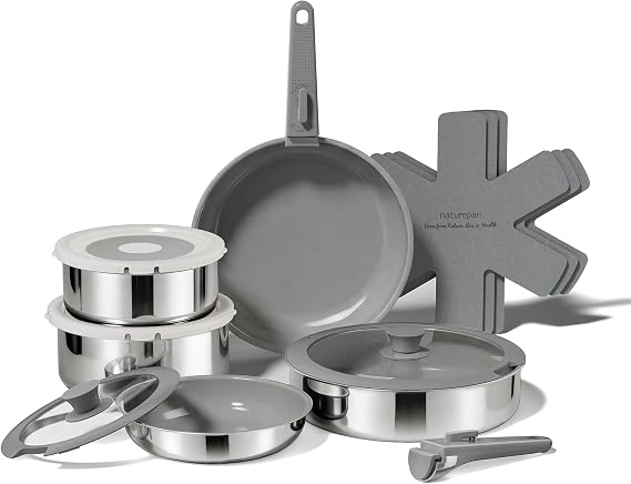 16 PCS Ceramic Cookware Set, Stainless Steel Exterior Pots and Pans Set Non Stick, 10x More Durable Super Ceramic Coating, for Induction Hob Pan Set (Grey)