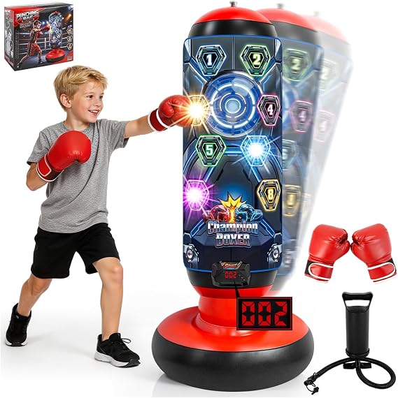 Kids Punching Bag with Gloves, Inflatable Boxing Set with Scoring, Lights & Music, 4 Game Modes, Freestanding Electronic Boxing Bag, Interactive Training Set Birthday Gift for Boys Girls Ages 4-12