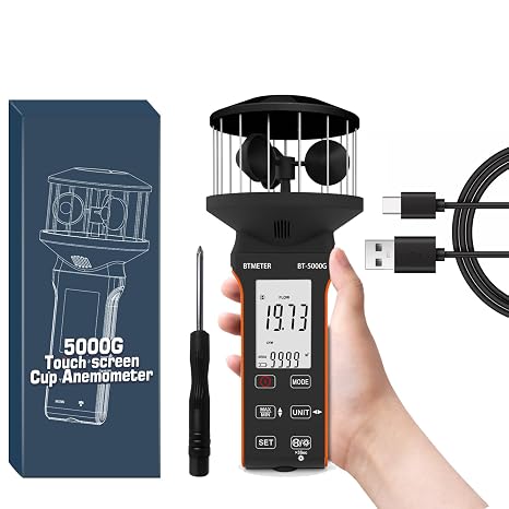 BTMETER Cup Anemometer - Handheld Airflow Meter BT-5000G Wind Speed Meter with LCD Backlight, Max/Avg/Current Mode to Measure CFM Air Flow Velocity Volume & Wind Temp for HVAC Sailing Drone Golf