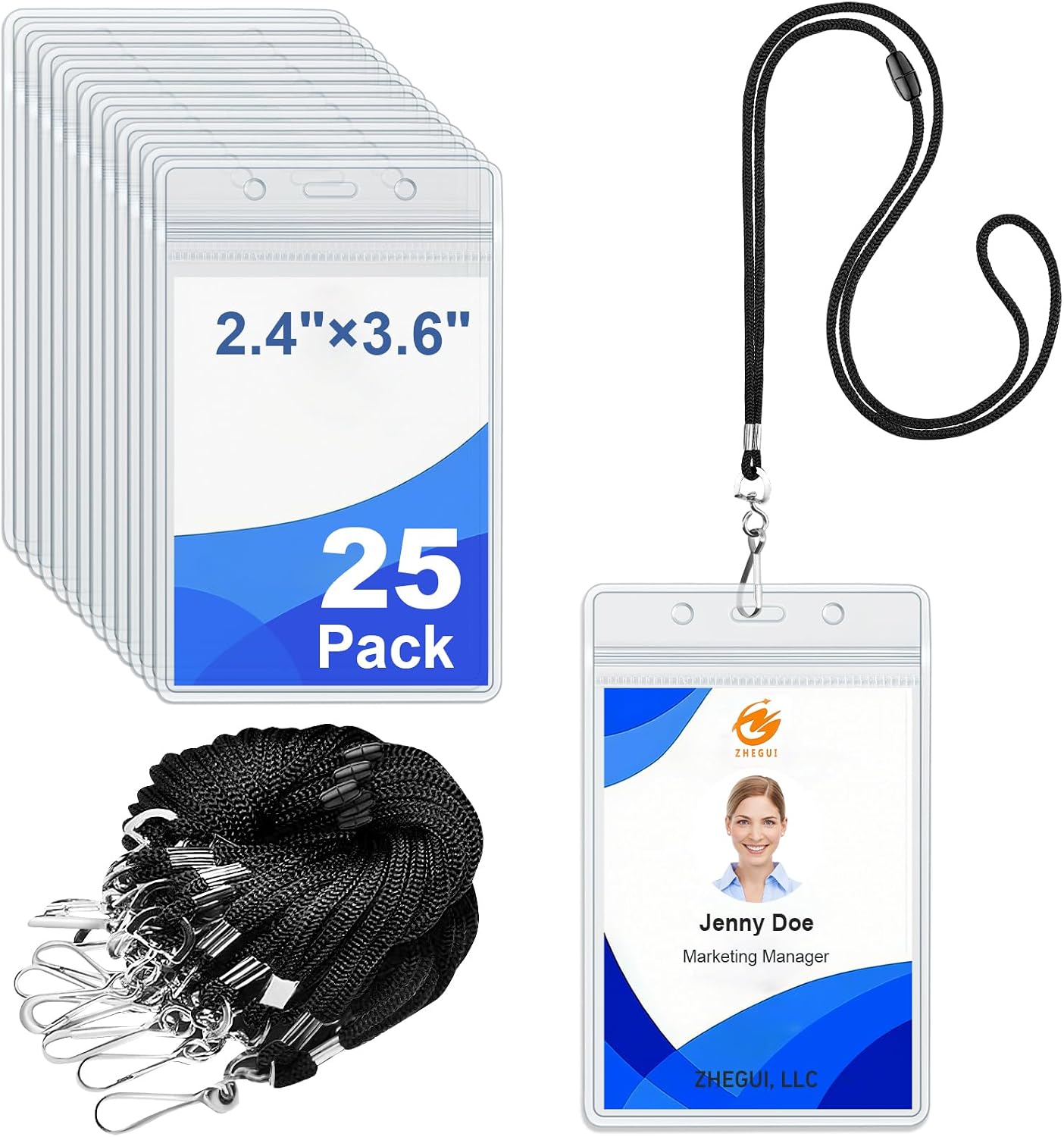 Breakaway Lanyards with Badge Holders Clear Plastic Waterproof Heavy Duty Vertical Name Tag ID Card Holder and Safety Lanyards for ID Badges by ZHEGUI (Black, 25 Pack)