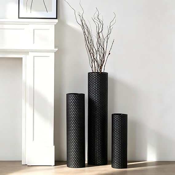 Dnnnii Tall Floor Vases Set of 3 - Black Metal Cylinder Vases for Living Room Corner, Modern Honeycomb Texture, Extra Large Standing Decor (Tallest 70 cm, Home Bedroom Dining Decor)