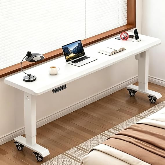 Adjustable Overbed Table on Wheels, Wood Mobile Desk with Storage, Rolling Laptop Workstation for Bed or Office