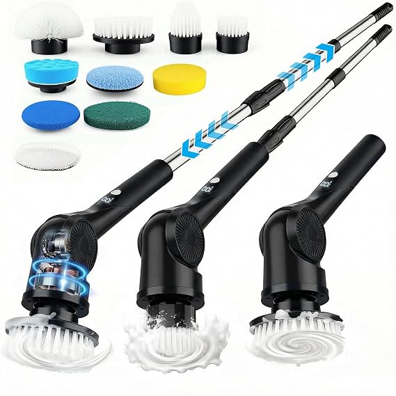 Electric Spin Scrubber, 3-Speed Cordless Shower Scrubber with 90 Adjustable & 10 Replaceable Brush Heads, 90 Mins Runtime & Full-Body IPX7 Waterproof Shower Cleaner Brush with Long Handle