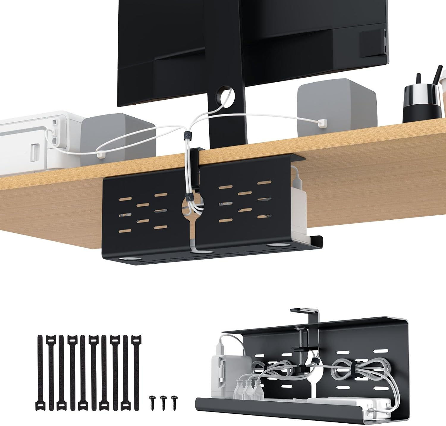 KEEGH Under Desk Cable Management Tray, 16" No Drill Desk Cable Baskets Upgrade Capacity, Clamp/Screw Mount Cord Organiser Desk, Gaming/PC Cable Tidy Tray Cord Hiders for Home Office, Black