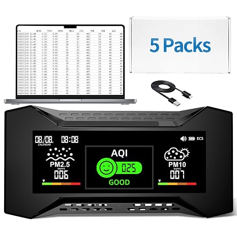 5 Pack Upgraded 10‑in‑1 Air Quality Monitor with Data Logging and CSV Audit‑ready Reports. High‑precision CO2 Monitor PM2.5 Detection with 6 Icon AQI Levels—Ideal for Offices, Labs, Manufacturing