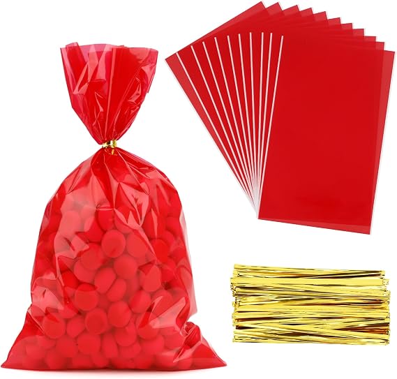 Red Cellophane Treat Bags, 100 PCS Clear Red Candy Bags, 6x9 Inch Plastic Clear Cookie Goodie Bag Gift Snack Treat Bag with Twist Ties for Christmas Valentines Weddings Birthday Party Favor Supplies