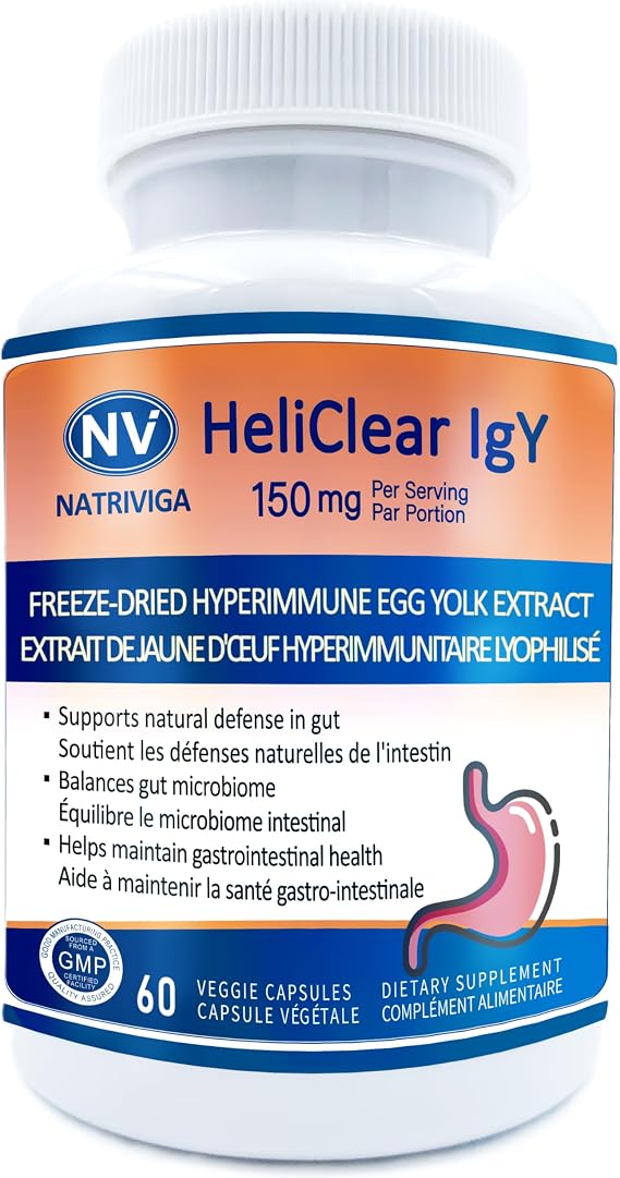 Heliclear IgY Hyperimmune Egg Yolk IgY immunoglobulins for Gut & Gastric Health Supports Gut Microbiome Balance, Stomach Lining Integrity & Digestive Health Dairy-Free, 150 mg, 60 Capsules