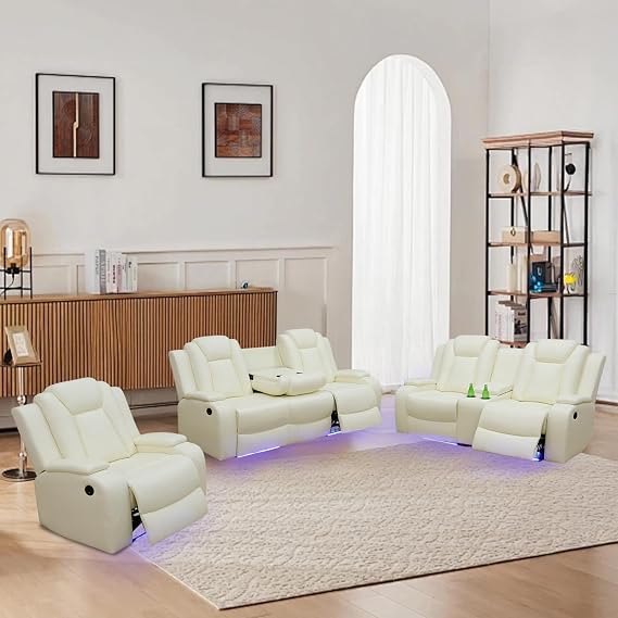 Power Reclining Sectional Sofa Set, Living Room Furniture with USB Charging, Breathable Leather, (White, 3-piece-Set)