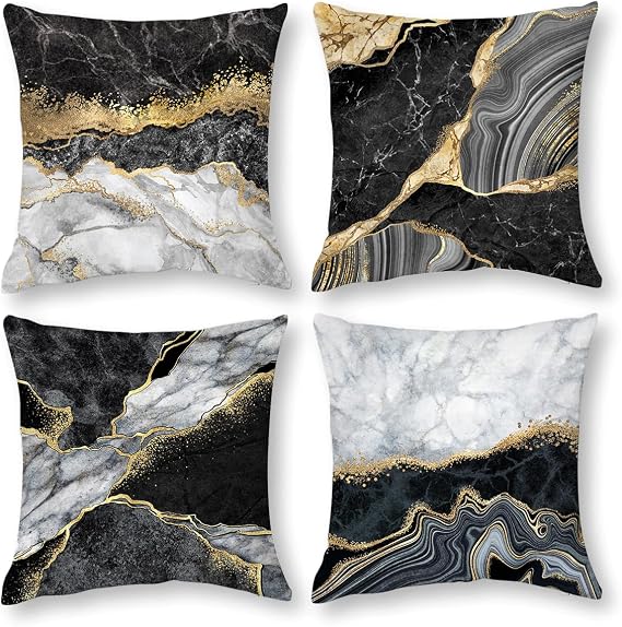 Black Gold Marble Texture Decorative Pillow Covers 18x18 Set of 4, Gold and Black Grey Throw Pillow Cases for Couch Sofa Bedroom Living Room Decor Home Cushion Cover,Black Gold Living Room Decoration