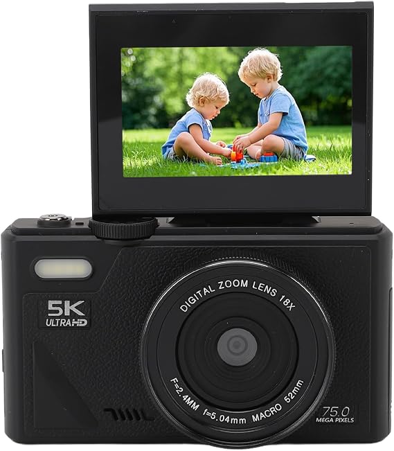 5K Digital Camera, 75MP Vlogging Camera, 18x Zoom, 3" Flip Screen, HD Compact Camera for Travel Photography Black
