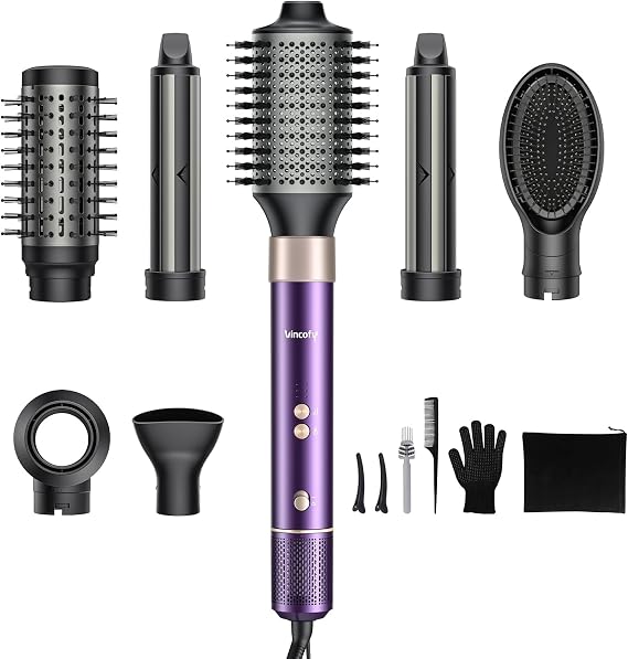 Vincofy 7-in-1 Hair Dryer Brush and Hair Styler Set Fast Drying, Curling, Straightening & Volumizing Hot Air Styling Tool with No Heat Damage for All Hair Types Lavender