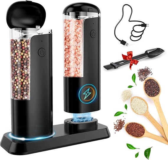 Electric Salt and Pepper Grinder Set: Rechargeable Pepper Mills Set | Electric For Gravity Spice Grinders Adjustable Automatic Peppercorns Mills Refillable Shaker Mill Large Capacity