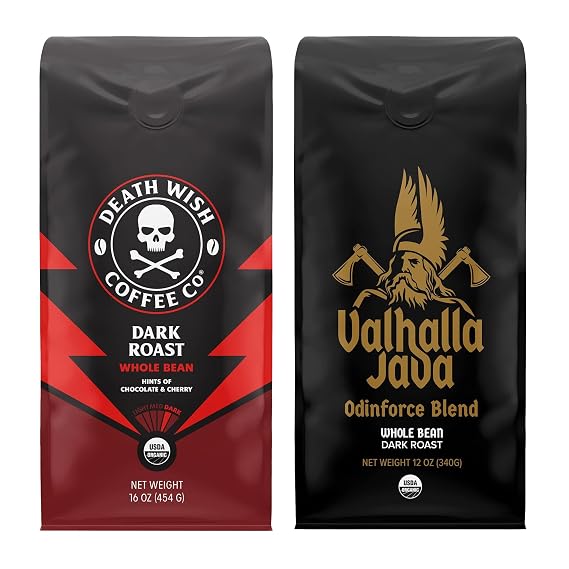 Death Wish Coffee, Dark Roast Whole Bean 16 oz & Valhalla Java Odinforce Blend 12 oz Bundle, USDA Organic and Fair Trade | Two Bold Blends, Fair Trade Arabica & Robusta, 16 oz + 12 oz, Low Acidity & Bold Flavor, Grind Fresh