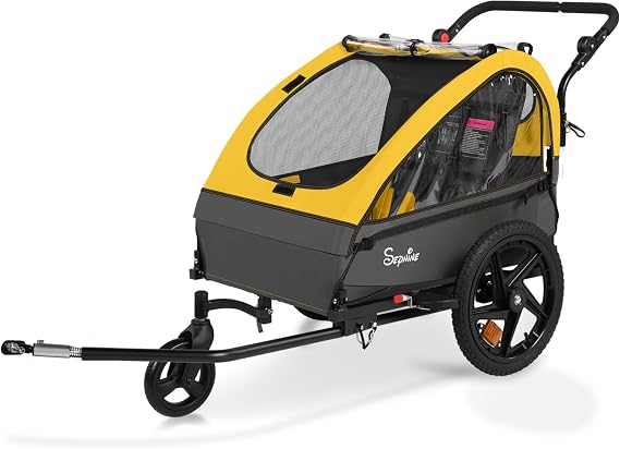 Sepnine Kids Bike Trailer, Suitable for 1 to 2 Children, Double Seat, Universal Coupler, Foldable, Canopy with Bug Screen and Weather Shield, with 5-Point Harness and Storage Bags