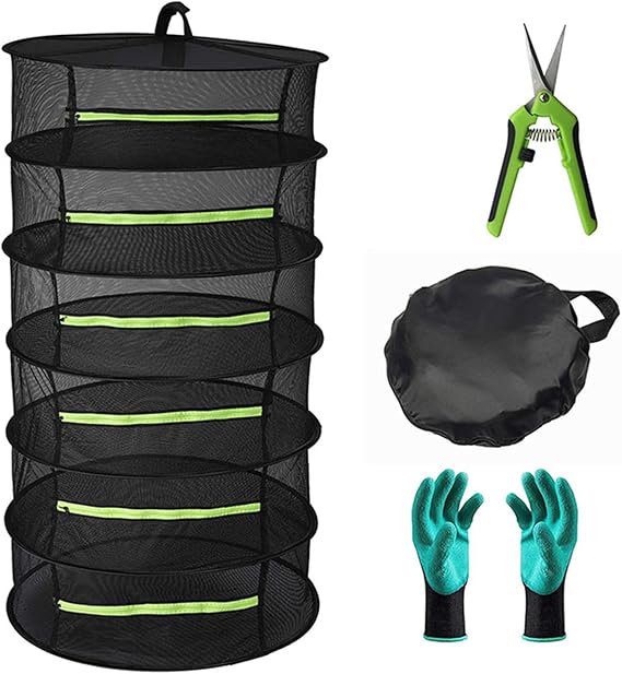Herb Drying Rack, 6 Tier Hanging Drying Rack, Black Mesh Drying Rack with Zipper, Gloves, Garden Pruning Shear for Drying Herbs, Plants, Seeds, Buds