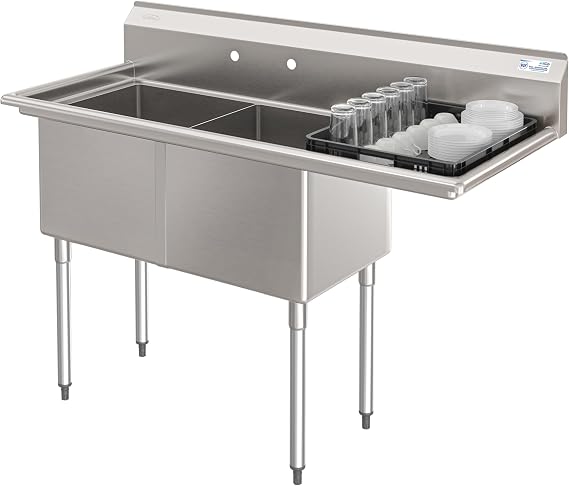 KoolMore 57 in. 18-Gauge 2-Compartment Commercial Sink with Backsplash and 18 in. Right Drainboard, Bowl Dimensions 18"x18"x14" in Stainless-Steel (KM-SB181814-18R3)