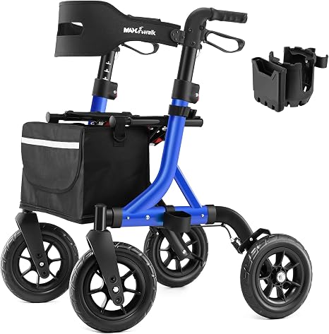 MAXWALK Rollator Foldable and Lightweight with Seat 25 cm Tyres for All Narrow rollators for home integrated pulley brake cup holder height-adjustable aluminium walkers for seniors