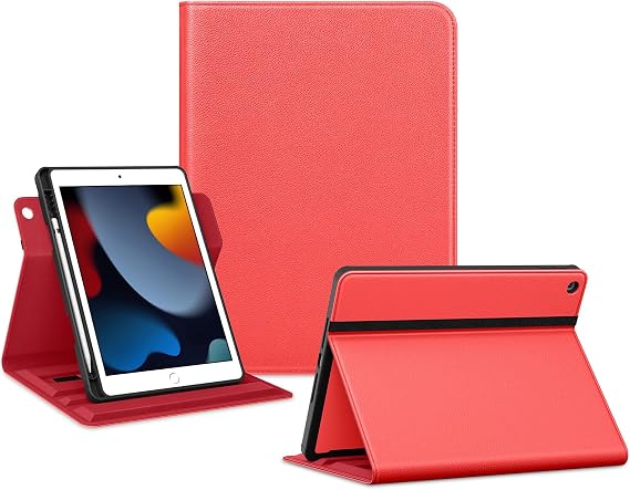 VIKESI Rotating Case for iPad 9th / 8th / 7th Generation 10.2 inch (2021/2020/2019 Released),Smart Folio Leather Cover with Pencil Holder,360 Rotating Stand,Hand Strip,and Close Strip - Red