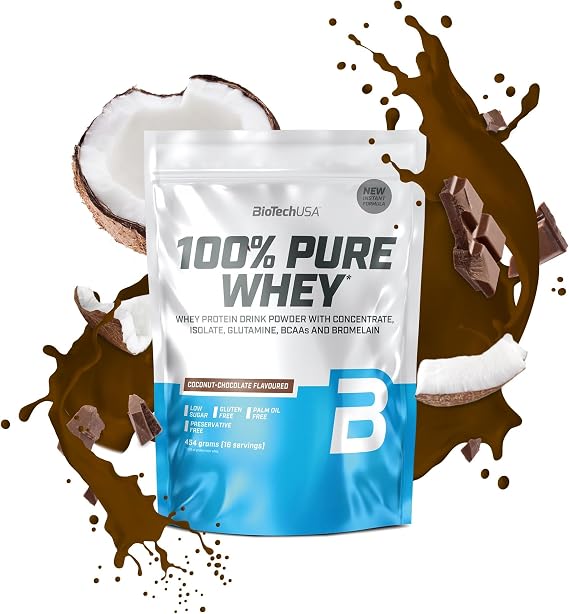 BioTechUSA 100% Pure Whey | Protein Powder with BCAA and Glutamine | Gluten-Free, Palm Oil Free | 21g Protein per Serving, 454 g, Coconut-Chocolate