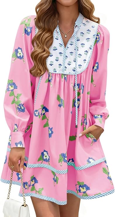 Womens Floral Mini Dress V Neck Long Sleeve Patchwork Loose Babydoll Boho Flowy Short Shift Shirt Dresses