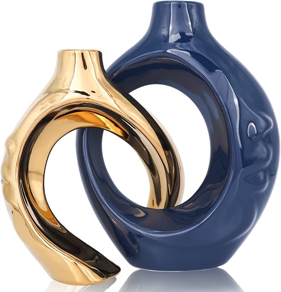 Navy Blue Home Decor Ceramic Vase, Navy Blue Gold Vase with Holes Set of 2
