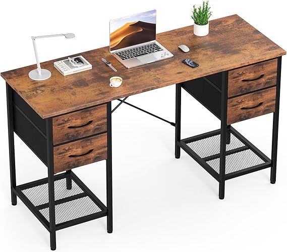 Sweetcrispy Computer Desk with 4 Drawers, 55 Inch Office Desks with Shelves