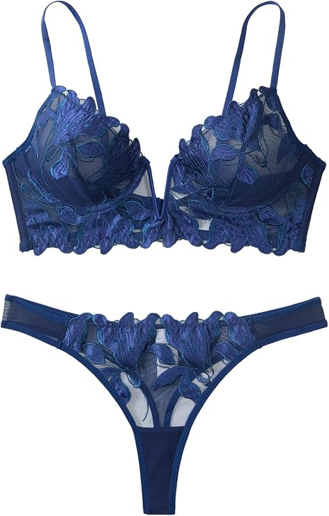 Sexy Embroidered Floral Lace Mesh Sheer Lingerie Set 2 Piece