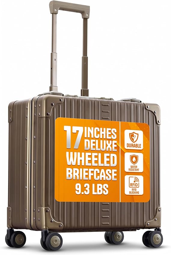 All Aluminum Lightweight 17" Deluxe Rolling Laptop Catalog Case for Men and Women | Vertical Opening Carry-On Bag with TSA Locks & Aircraft-Grade Aluminum Frame - Optimal Travel Companion (Champagne)
