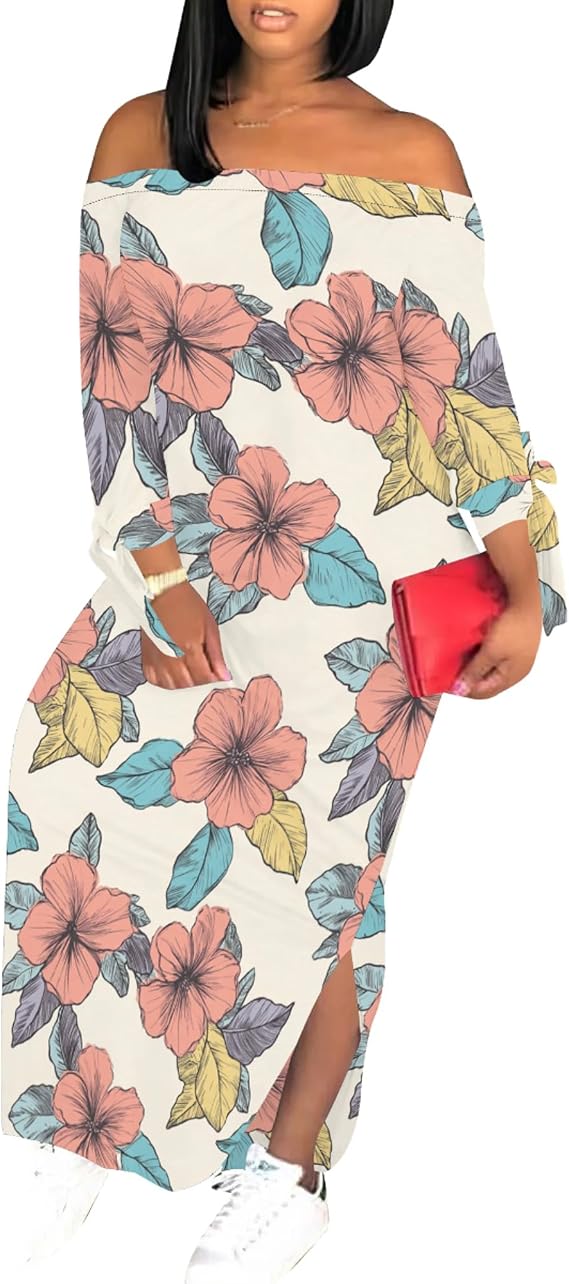 Womens Boho Floral Print Dress Off The Shoulder Long Bowknot Sleeve Sides Slit Casual Flowy Maxi Dresses