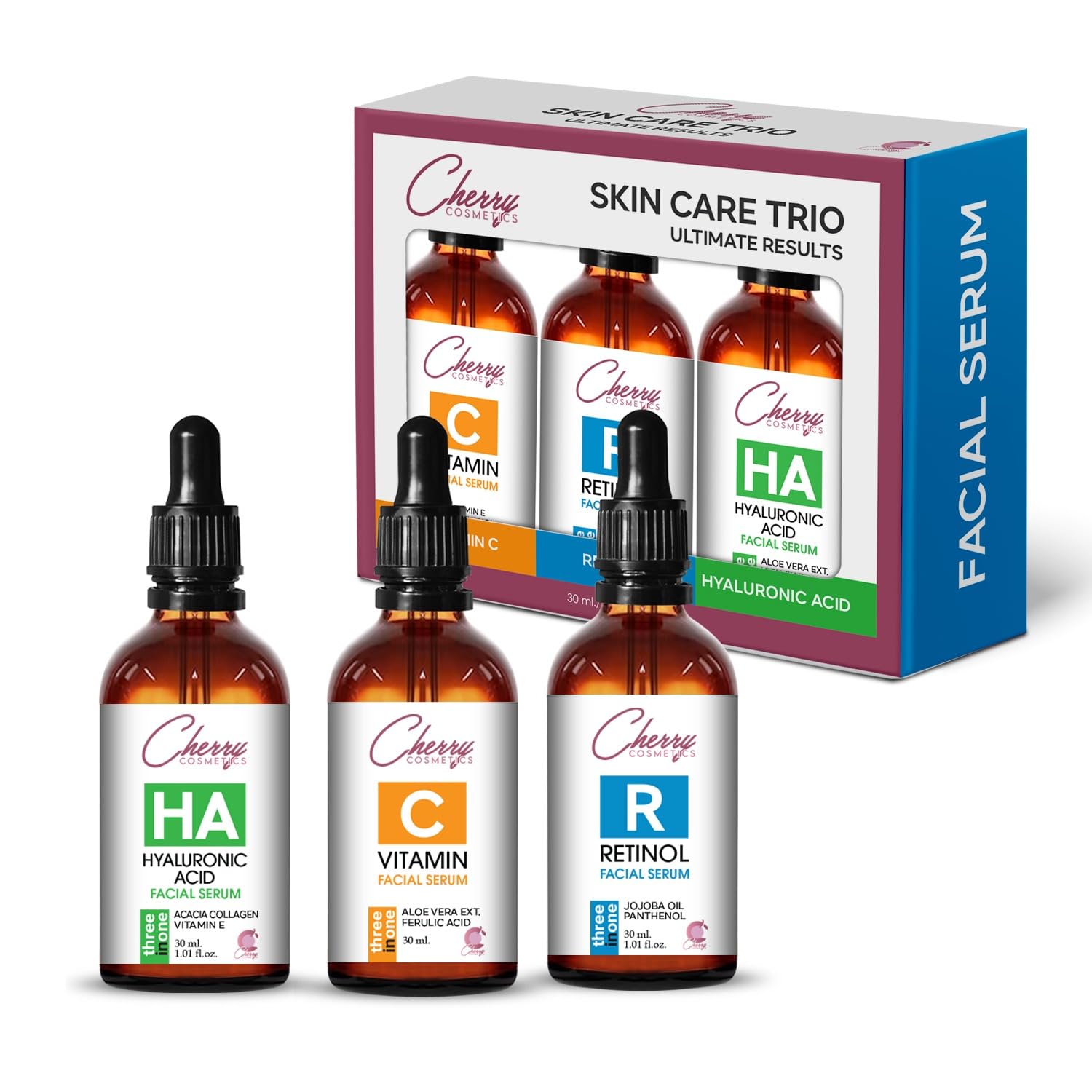 skincare set with vitamin c serum retinol serum and hyaluronic acid serum. trio face serum with anti-aging / anti-wrinkle instant effect against pigment spots pimples and age spots