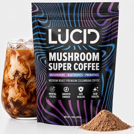 Lucid Superfood Organic Mushroom Coffee with Lion's Mane & Nootropics | Organic Instant Mushroom Coffee With Lion's Mane, Cordyceps, Turkey Tail, Tremella & Alpha-GPC for Focus & Brain Health