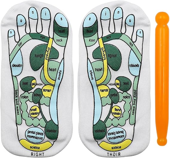 1 Pair of Acupressure Socks, Reflexology Socks, Five Toe Separate Socks with Massage Tools, Reflection Area Schematic Socks (White+Green)