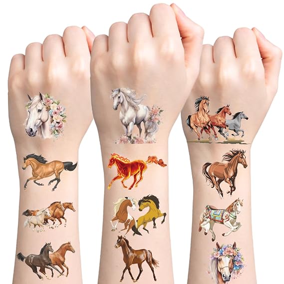 124 PCS Horse Temporary Tattoos Cute Tattoos Stickers for Birthday Party Supplies Favors Themed Decorations