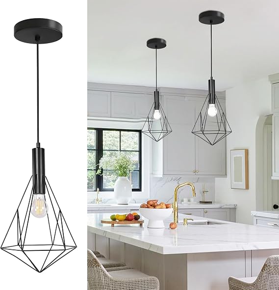 Flush Mount Ceiling Light Fixture, Farmhouse Pendant Lighting, Modern Black Hanging Light Fixture with LED Bulb for Kitchen Island, E26 Base, 47'' Length Cable, Adjustable Design