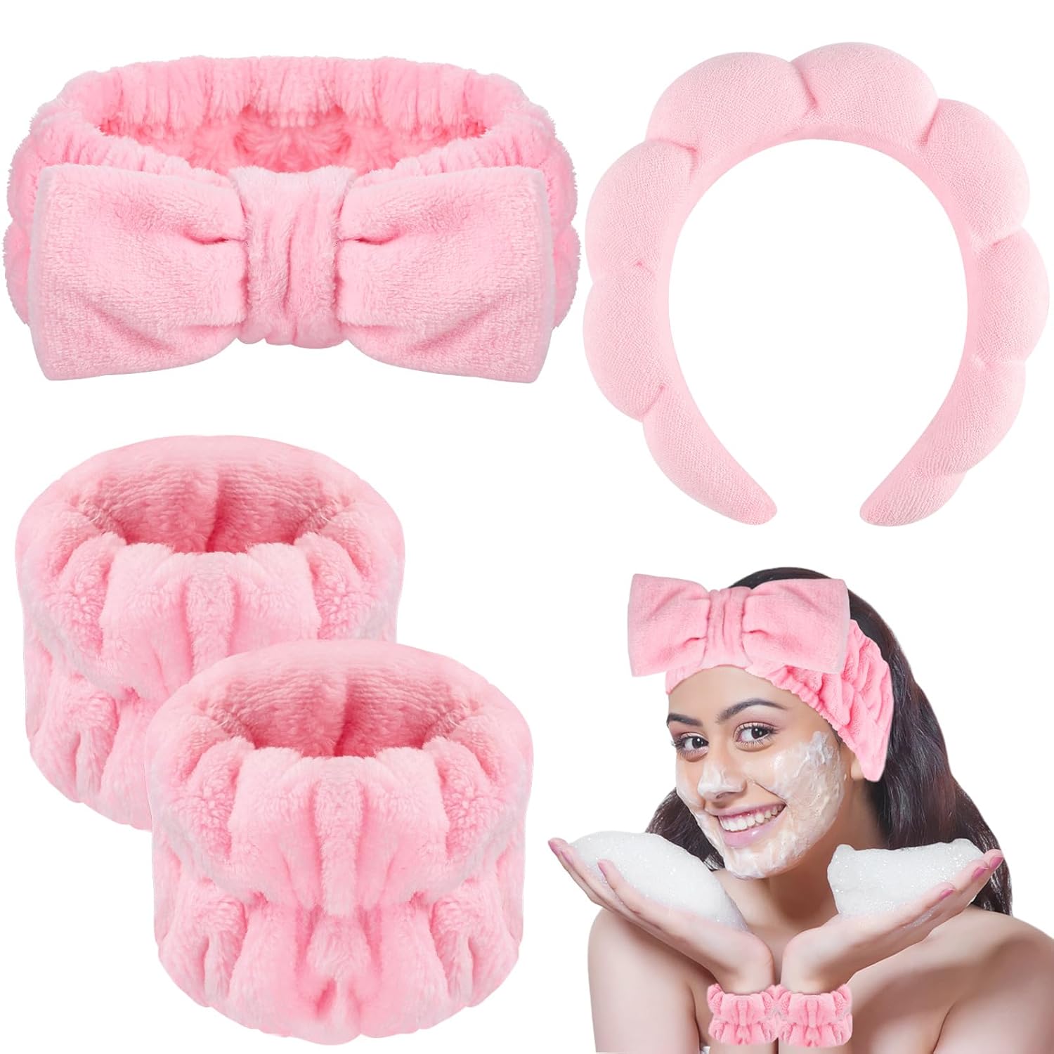 WSICSE Spa Headband for Face Washing, Pink Skincare Headbands and Wrist Washband Set Soft Makeup Headband for Women Teen Girl Gifts Trendy Stuff