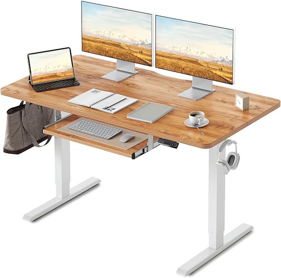 FEZIBO Electric Standing Desk with Keyboard Tray, 140 x 60 cm Height Adjustable Sit Stand Desk with Memory Presets and Anti-Collision, Home Office Computer Desk, White Frame/Light Rustic Top