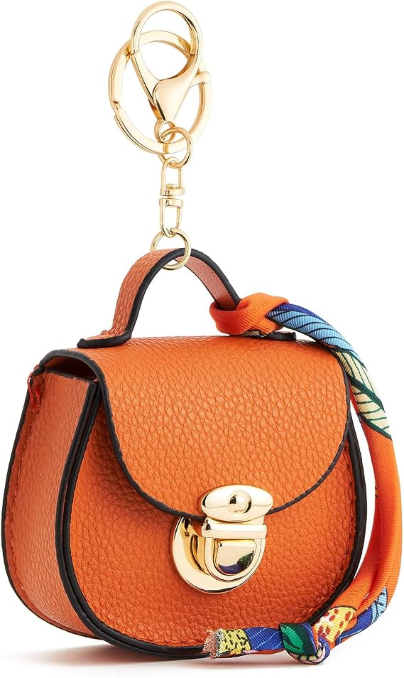 WOZEAH Mini Backpack Keychain for Women,Small Change Pouch Coin Purse Snap Button with Key Headset Bag(Orange)