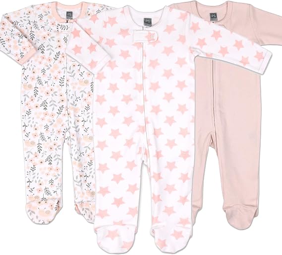 The Peanutshell Baby Sleepers for Girls Set of 3 - Soft Cotton Footed Pajamas for Newborns, Infants & Toddlers - Flower