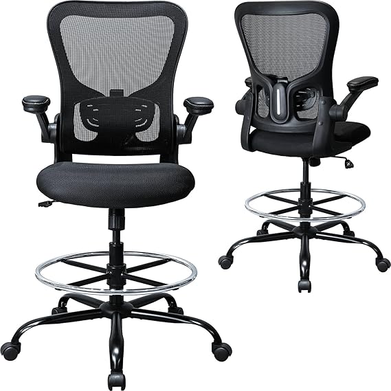 Drafting Chair, Ergonomic Tall Office Chair for Standing Desk, Counter Height Desk Chair with Adjustable Padded Armrests and Footrest Ring Standing Desk Chair Adjustable Height with Lumbar Support