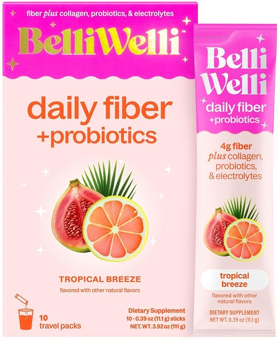 Belli Welli Fiber Supplement, Probiotics Fiber Powder Travel Pack for Women with Collagen & Electrolytes for Daily Gut Health & Debloating, Tropical Breeze, 10 Packets