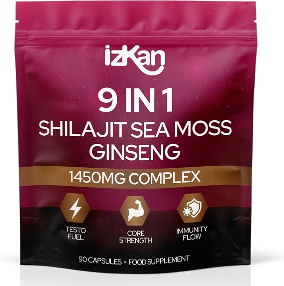 Shilajit Sea Moss Ginseng Capsules 1450mg – 9 in 1 Complex with Ashwagandha, Cordyceps, Zinc & Magnesium – Natural Energy, Immunity, Focus & Testosterone Support – 90 Capsules (1)