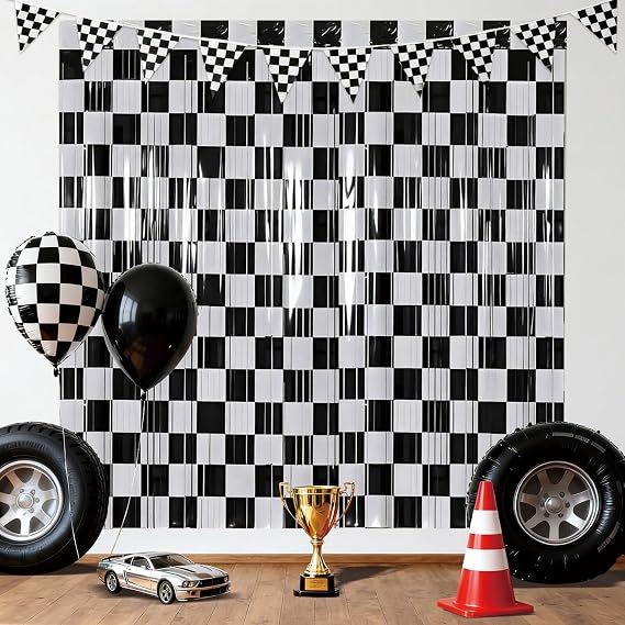 2 Pcs Race Car Curtains, Checkered Black White Foil Streamers Fringe Curtains Backdrops for Boy's Race Car Birthday Party Decorations, 3.3 x 6.6 ft