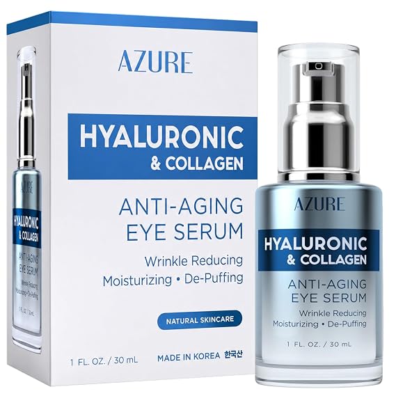 AZURE Hyaluronic & Collagen Anti Aging Eye Serum - Moisturizing, Replenishing & De-Puffing | Reduces Wrinkles, Fine Lines & Under Eye Bags | Locks In Moisture Hydrating Skin | Made in Korea - 30mL