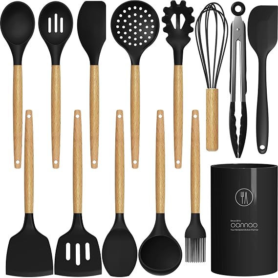 oannao Silicone Cooking Utensils Set Utensil Sets - 446F Heat Resistant Silicone Kitchen Utensils Set Wooden Handles, Silicone Utensils for Cooking w Holder for Non-Stick Cookware BPA FREE (Black)