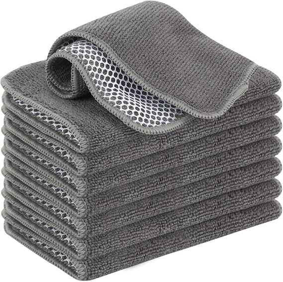 VIVOTE Microfiber Dual Surface Mesh Scrubbing Cloth Grey Dish Cloths Rags | 20cmx20cm 8 Pack No Scratch Cleaning Cloth for Kitchen 2 in 1